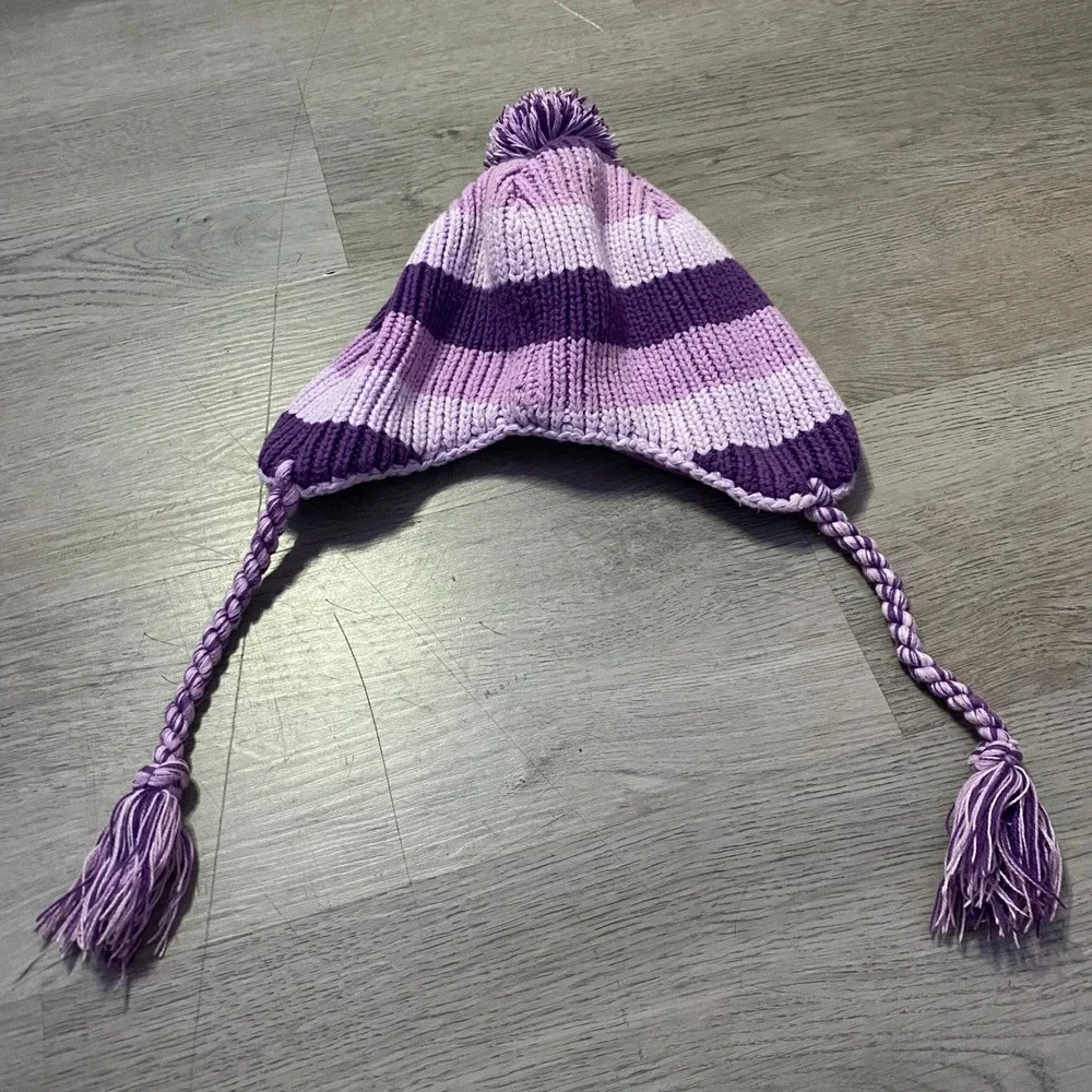 The Childrens Place Beanie Scarf Set Kids 4-6 Purple Excellent Striped Fleece